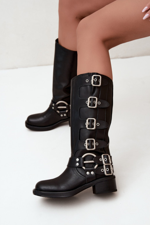 Bottes longues en cuir noires à petit talon avec boucles Big Star