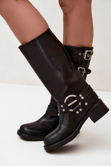 Bottes longues en cuir noires à petit talon avec boucles Big Star 2