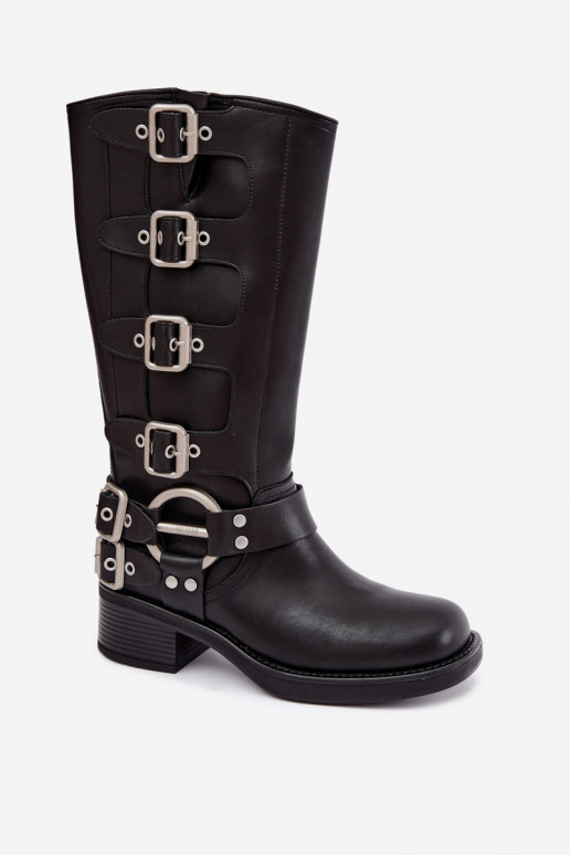 Bottes longues en cuir noires à petit talon avec boucles Big Star