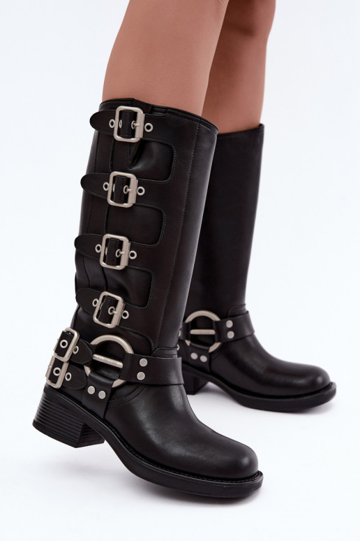 Bottes longues en cuir noires à petit talon avec boucles Big Star