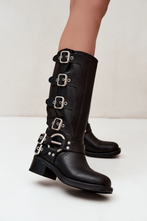 Bottes longues en cuir noires à petit talon avec boucles Big Star