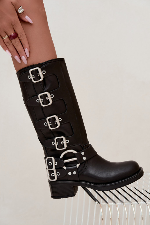 Bottes longues en cuir noires à petit talon avec boucles Big Star