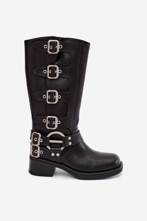 Bottes longues en cuir noires à petit talon avec boucles Big Star