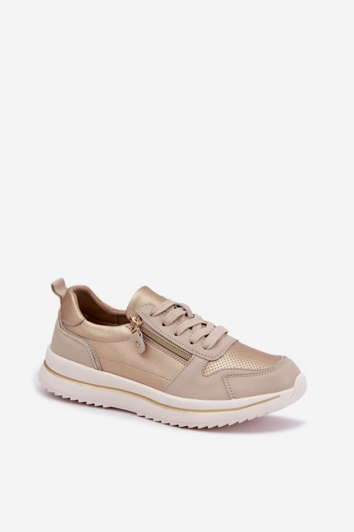 Baskets en cuir avec fermeture éclair décorative couleur or-beige Oselia