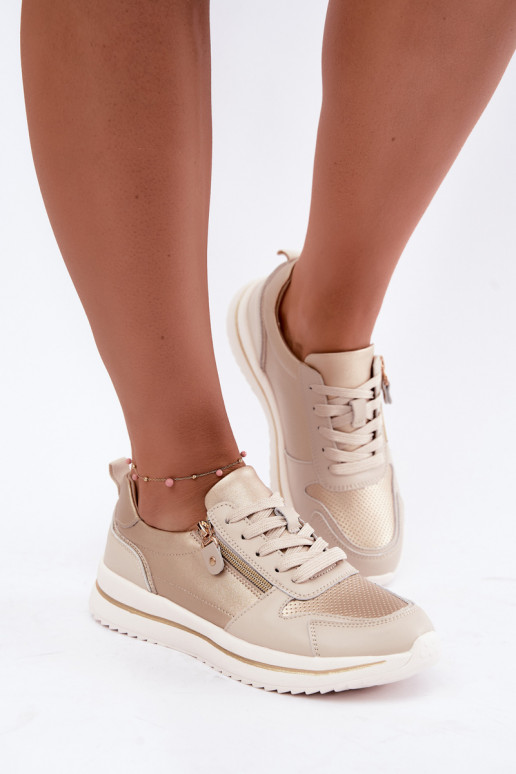 Baskets en cuir avec fermeture éclair décorative couleur or-beige Oselia