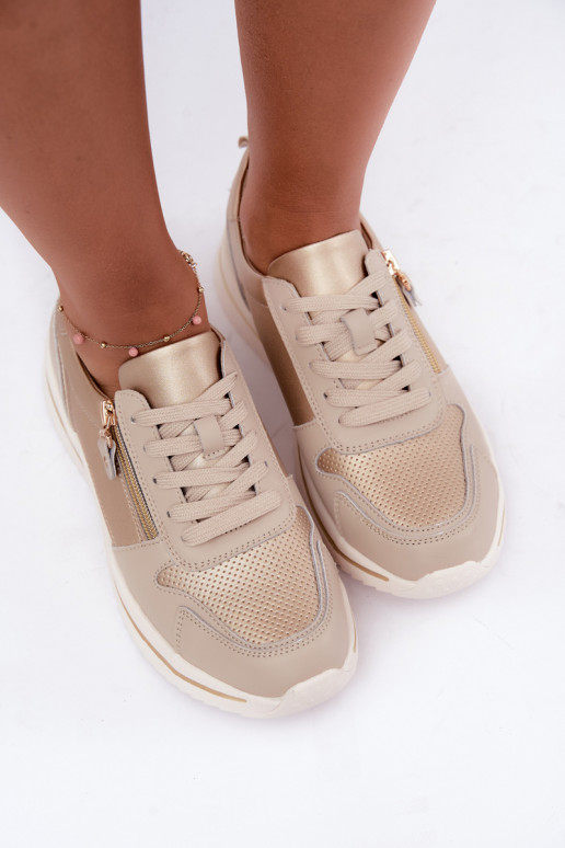 Baskets en cuir avec fermeture éclair décorative couleur or-beige Oselia