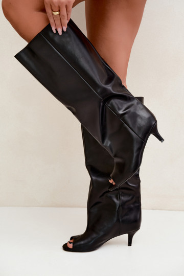 Bottes hautes à bouts ouverts sur un talon fin en cuir synthétique noir Velise