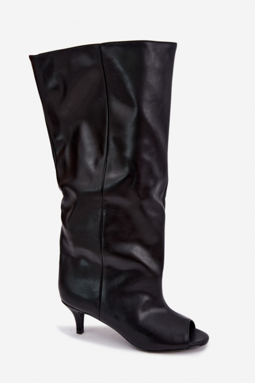 Bottes hautes à bouts ouverts sur un talon fin en cuir synthétique noir Velise