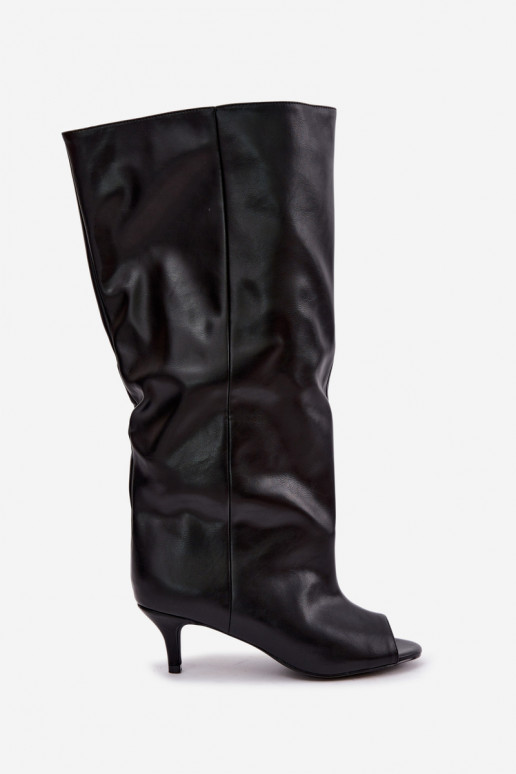 Bottes hautes à bouts ouverts sur un talon fin en cuir synthétique noir Velise