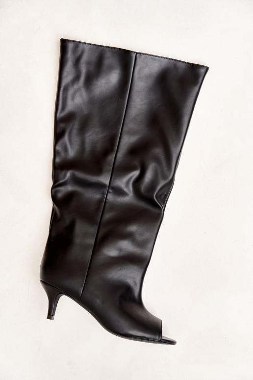 Bottes hautes à bouts ouverts sur un talon fin en cuir synthétique noir Velise