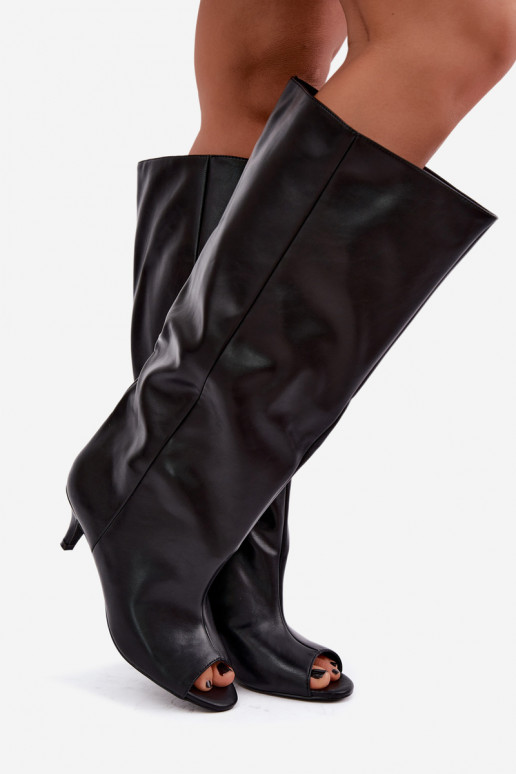 Bottes hautes à bouts ouverts sur un talon fin en cuir synthétique noir Velise