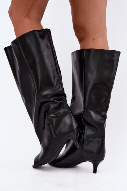 Bottes hautes à bouts ouverts sur un talon fin en cuir synthétique noir Velise