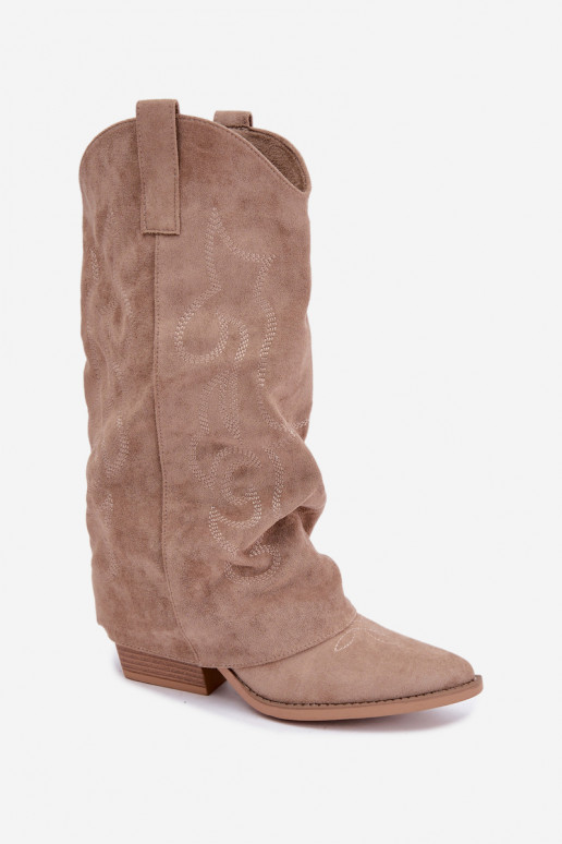 Bottes hautes style cowboy froissées avec talons et tige cousue sable Ives