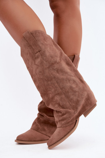 Bottes hautes style cowboy froissées avec talons et tige cousue marron Ives