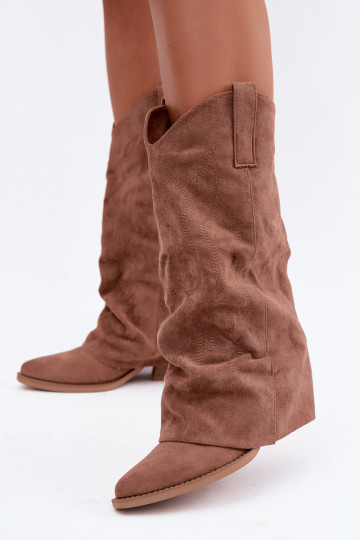 Bottes hautes style cowboy froissées avec talons et tige cousue marron Ives 2