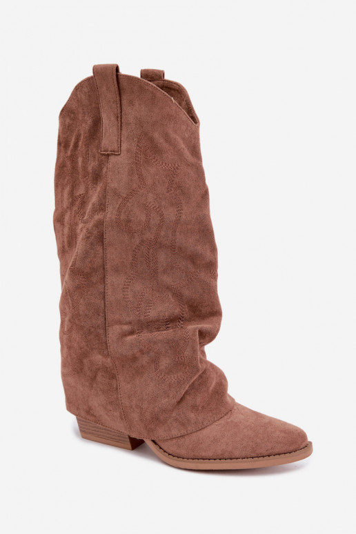 Bottes hautes style cowboy froissées avec talons et tige cousue marron Ives