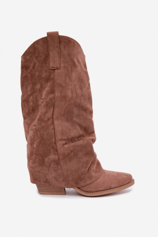 Bottes hautes style cowboy froissées avec talons et tige cousue marron Ives