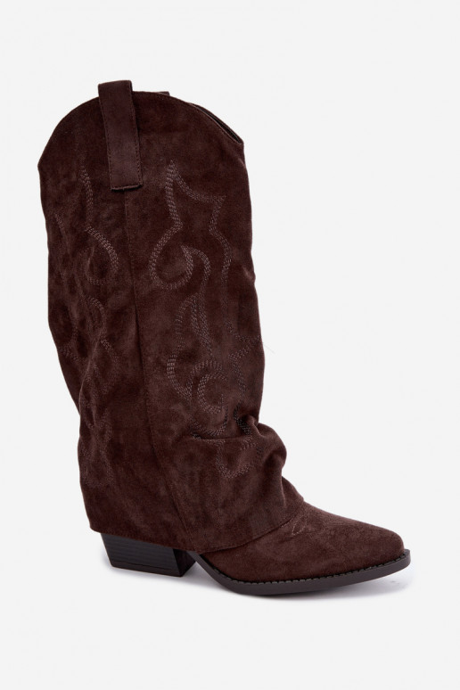 Bottes hautes style cowboy froissées avec talons et tige cousue chocolat Ives