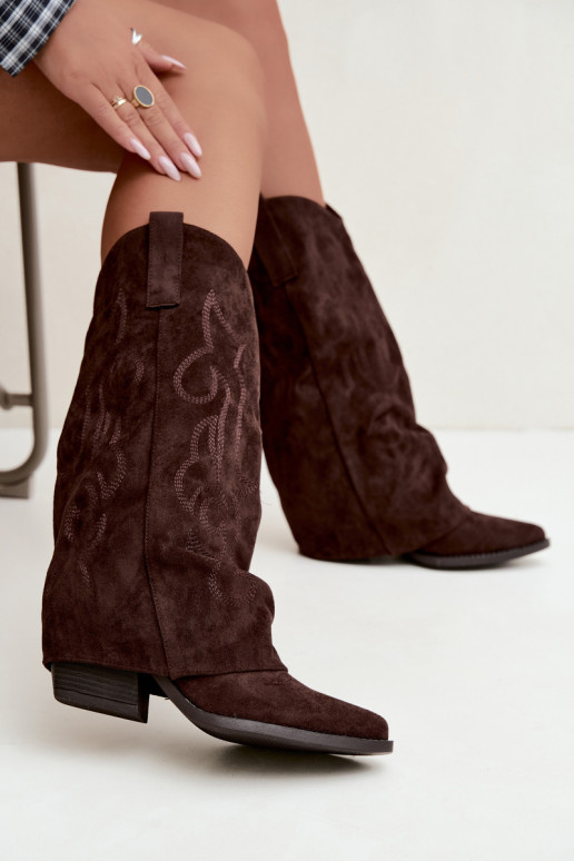 Bottes hautes style cowboy froissées avec talons et tige cousue chocolat Ives