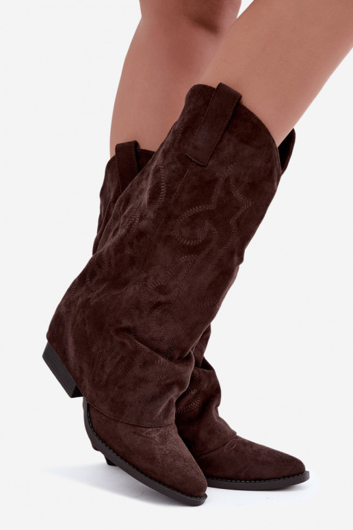 Bottes hautes style cowboy froissées avec talons et tige cousue chocolat Ives