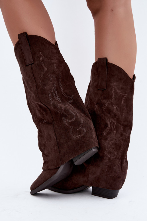 Bottes hautes style cowboy froissées avec talons et tige cousue chocolat Ives