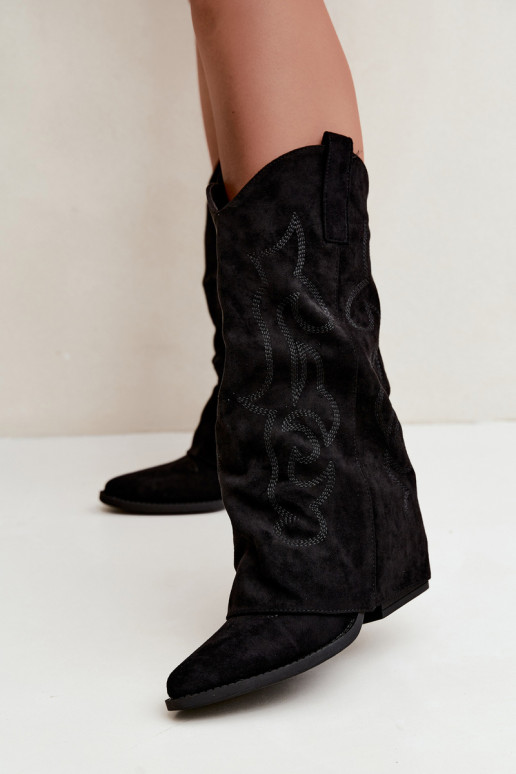 Bottes hautes style cowboy froissées avec talons et tige cousue noir Ives