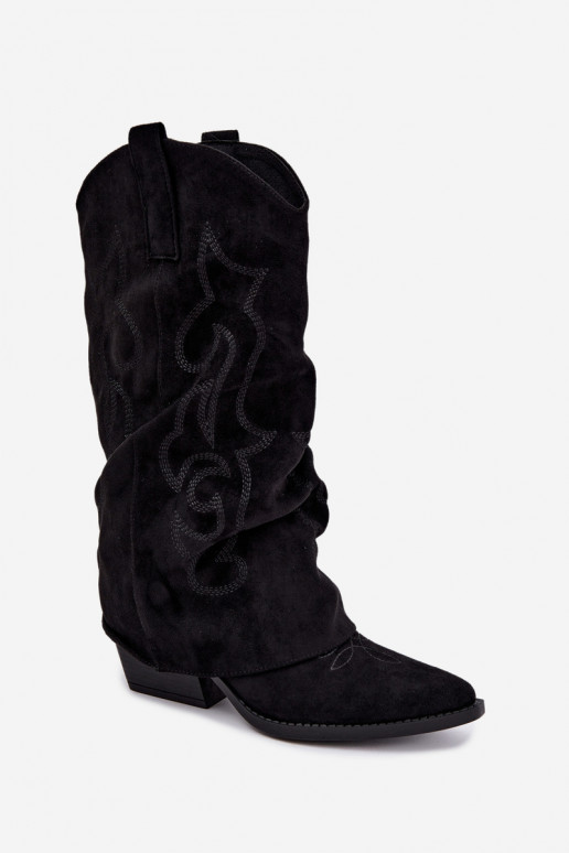 Bottes hautes style cowboy froissées avec talons et tige cousue noir Ives