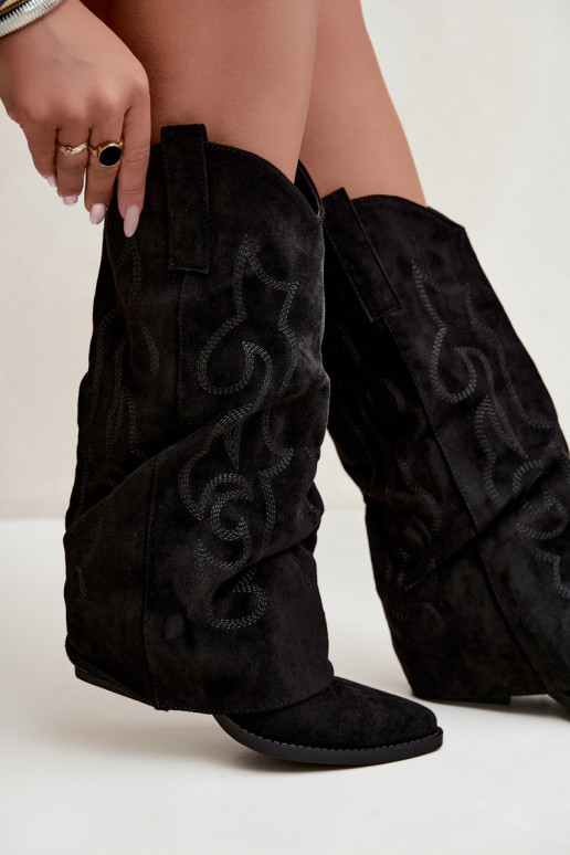 Bottes hautes style cowboy froissées avec talons et tige cousue noir Ives