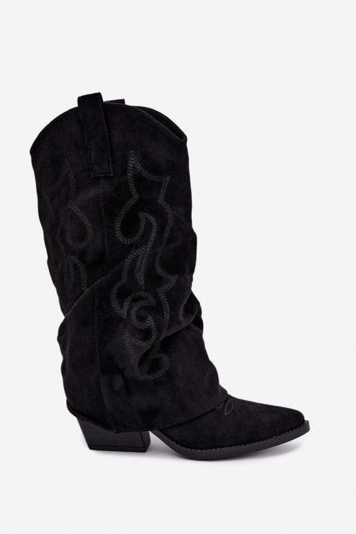 Bottes hautes style cowboy froissées avec talons et tige cousue noir Ives