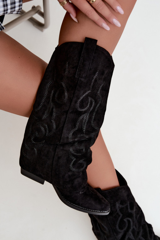 Bottes hautes style cowboy froissées avec talons et tige cousue noir Ives