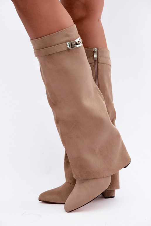 Bottes hautes pour femmes avec tige cousue et talons sable Salia