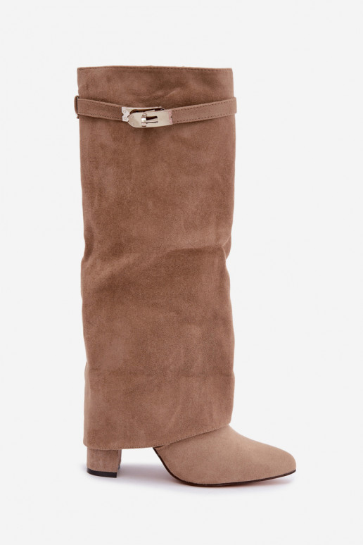 Bottes hautes pour femmes avec tige cousue et talons sable Salia