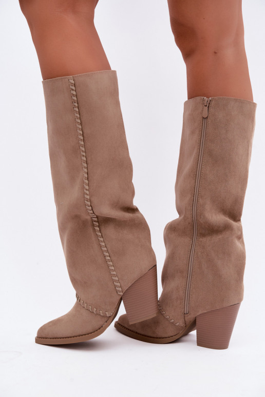 Bottes hautes pour femmes style cowboy avec talon bloc sable Noeline
