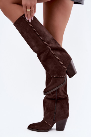 Bottes hautes pour femmes style cowboy avec talon bloc chocolat Noeline