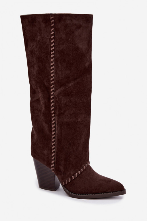 Bottes hautes pour femmes style cowboy avec talon bloc chocolat Noeline