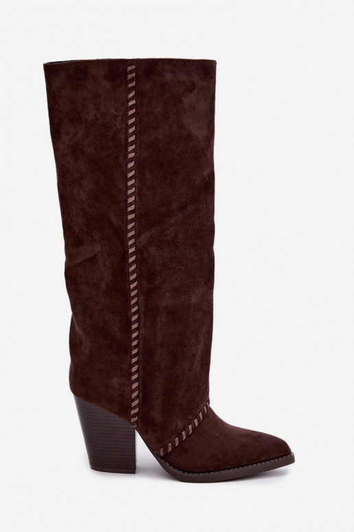 Bottes hautes pour femmes style cowboy avec talon bloc chocolat Noeline