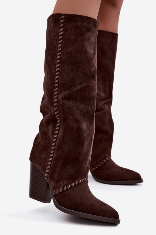 Bottes hautes pour femmes style cowboy avec talon bloc chocolat Noeline