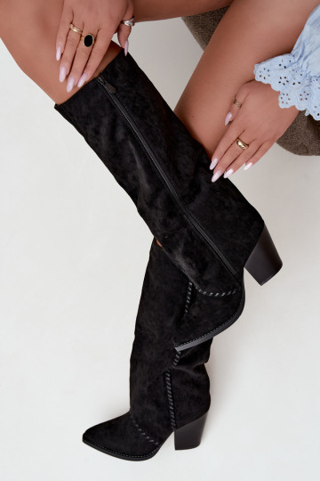 Bottes hautes pour femmes style cowboy à talon bloc en noir Noeline