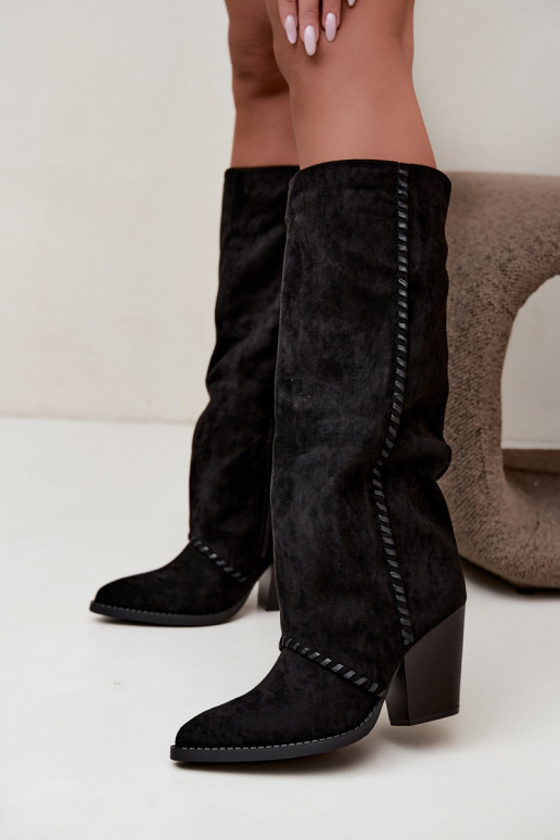 Bottes hautes pour femmes style cowboy à talon bloc en noir Noeline