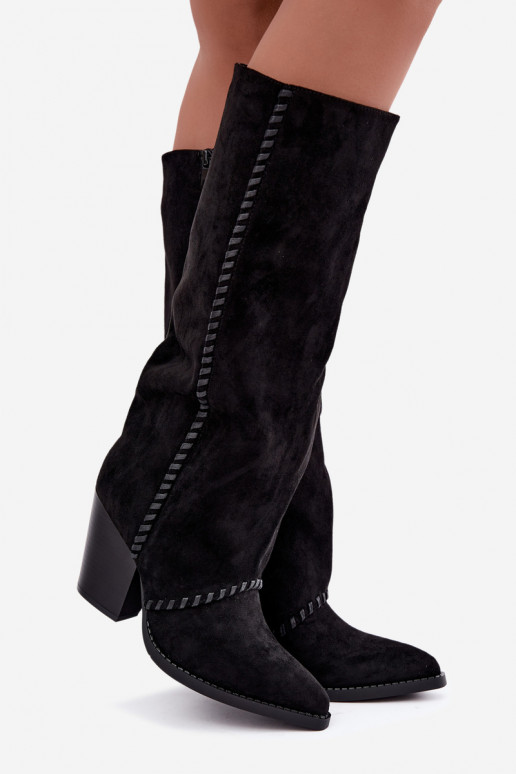 Bottes hautes pour femmes style cowboy à talon bloc en noir Noeline