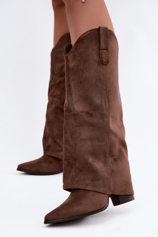 Bottes hautes pour femmes style cowboy avec talons en brun Kalena