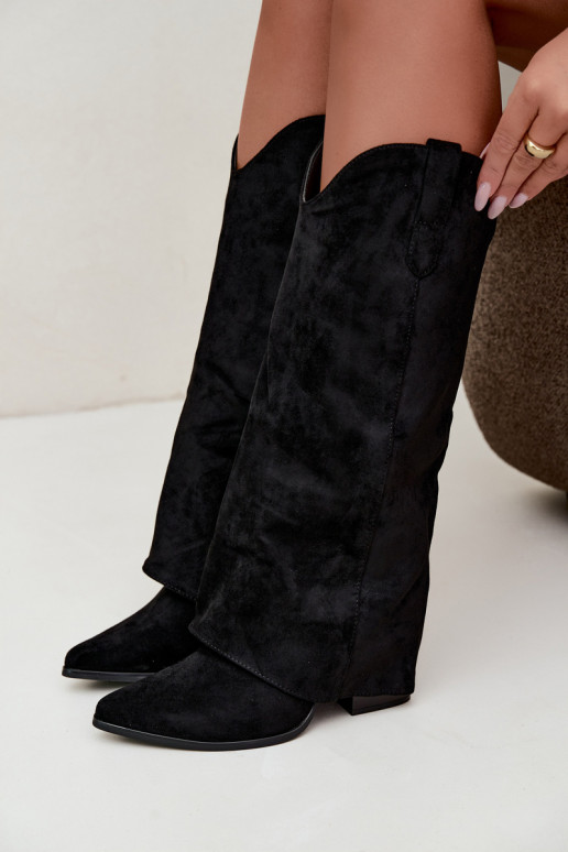 Bottes hautes pour femmes style cowboy avec talons en noir Kalena