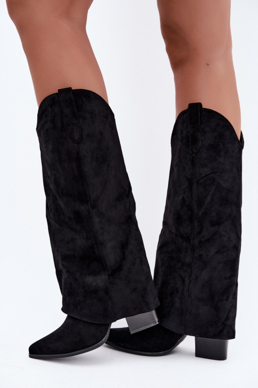 Bottes hautes pour femmes style cowboy avec talons en noir Kalena
