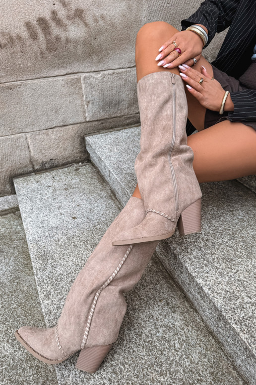 Bottes hautes pour femmes style cowboy avec talon bloc sable Noeline