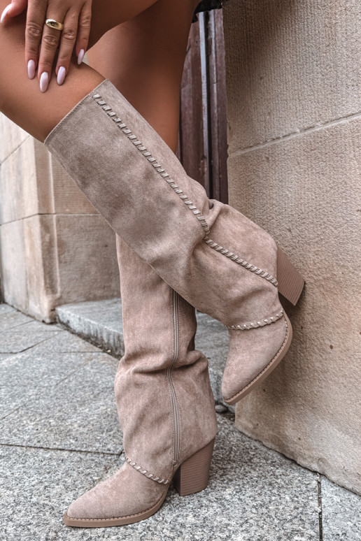 Bottes hautes pour femmes style cowboy avec talon bloc sable Noeline