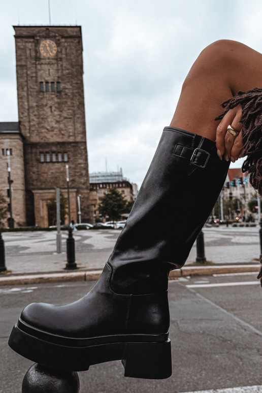 bottes hautes pour femmes avec plateforme et boucles en noir Fenley