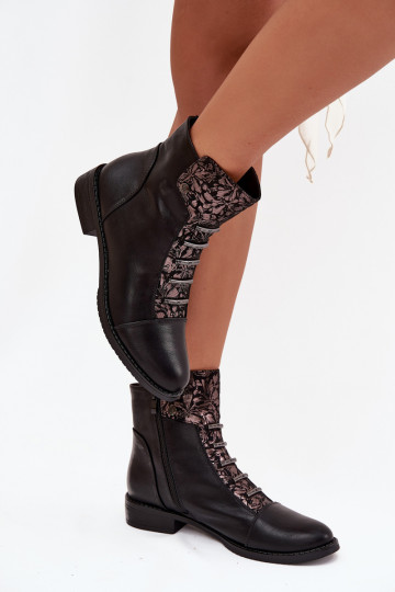 Bottines chaudes pour femmes avec talons larges et motifs floraux en noir Labise
