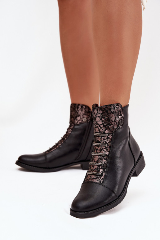 Bottines chaudes pour femmes avec talons larges et motifs floraux en noir Labise