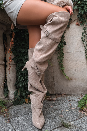 Bottes à talons au-dessus du genou avec sangles et boucles en couleur sable Tai turibel 2