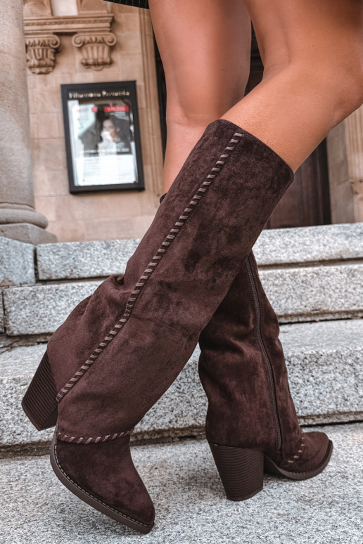 Bottes hautes pour femmes style cowboy avec talon bloc chocolat Noeline